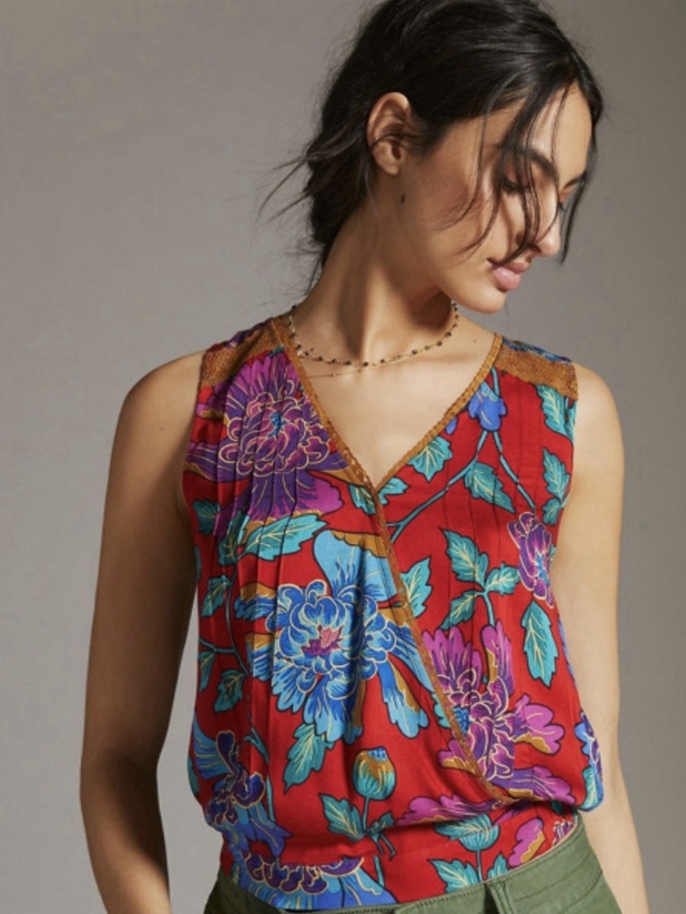 Tiny Anthropologie Red Scarf Floral Print Tank Tie Back Boho Blouse XS NWT